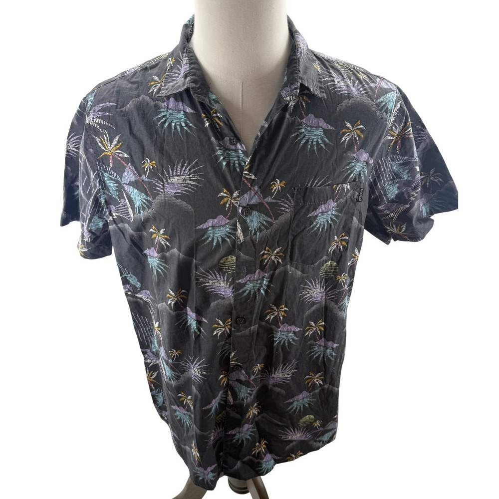 Molokai Mens Tropical Palm Tree Print‎ Button Down Shirt Black Short Sleeve XL